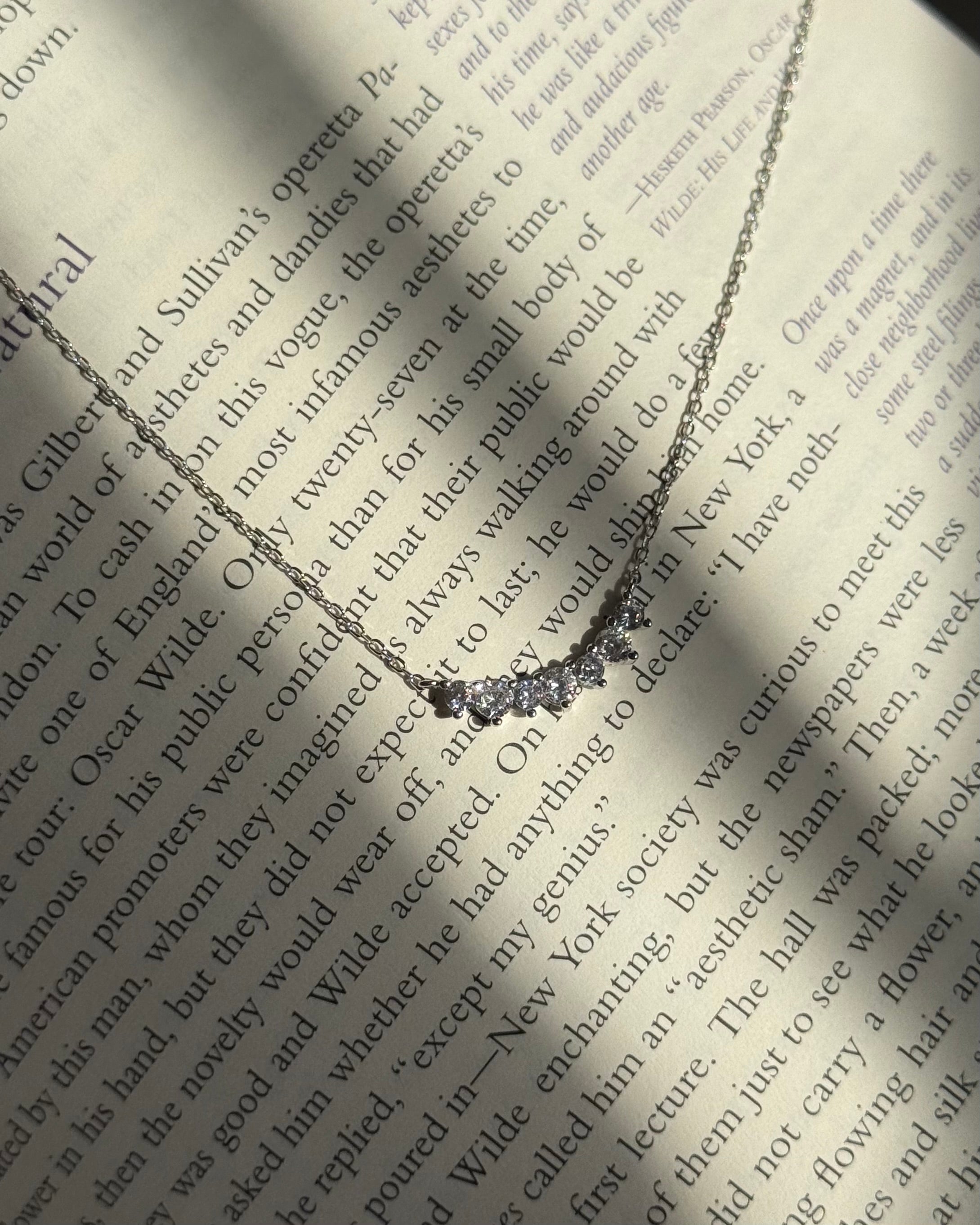 Necklace with small diamonds on a book page