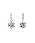 Pair of earrings with purple gemstones and diamond accents on a white background