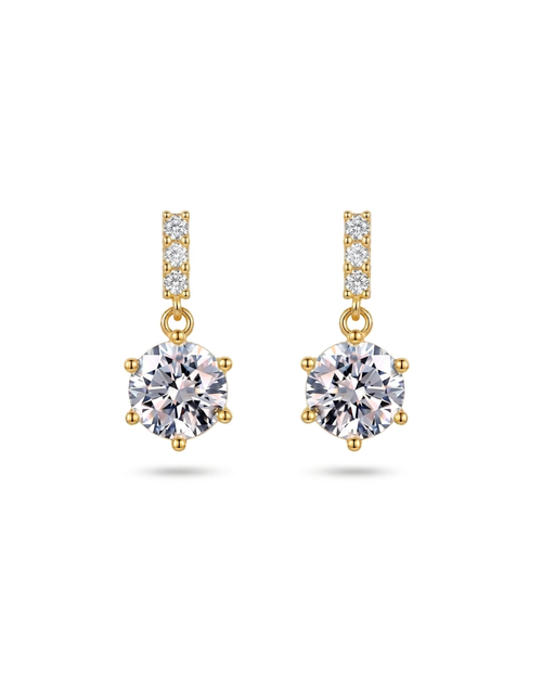 Pair of earrings with purple gemstones and diamond accents on a white background